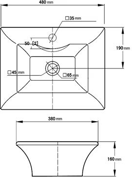 Technical image of Ultra Basins Freestanding Rectangular Vanity Basin 480x380mm (1 tap hole).