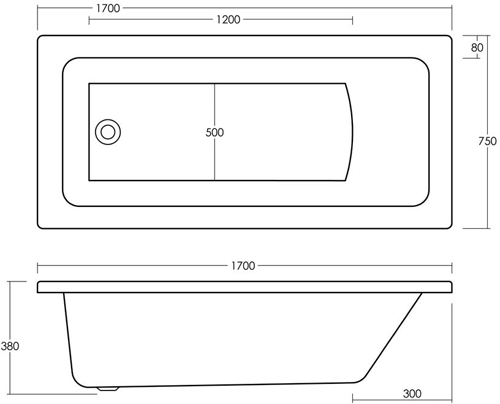 Technical image of Ultra Baths Beacon Single Ended Eternalite Acrylic Bath. 750x1700mm.