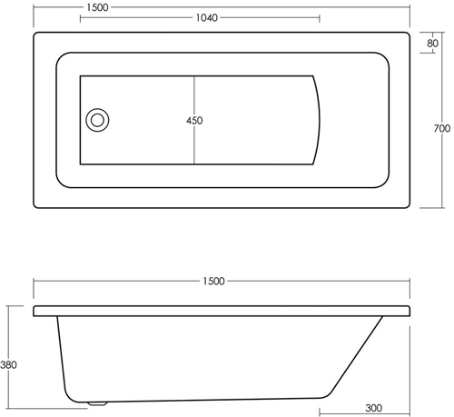 Technical image of Ultra Baths Beacon Single Ended Eternalite Acrylic Bath. 700x1500mm.