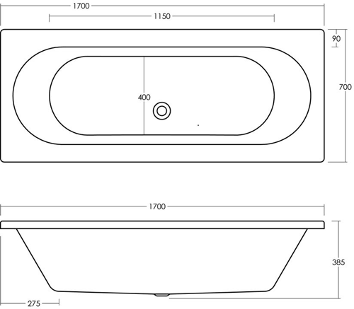 Technical image of Ultra Baths Coast Double Ended Acrylic Bath. 700x1700mm (4mm).