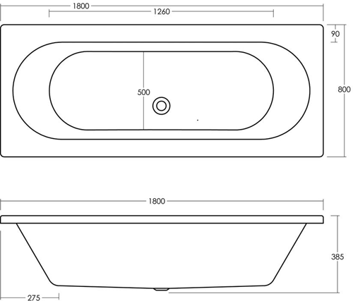 Technical image of Ultra Baths Coast Double Ended Acrylic Bath. 800x1800mm (4mm).