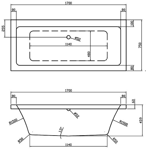 Technical image of Hudson Reed Baths Double Ended Acrylic Bath. 1700x750mm.