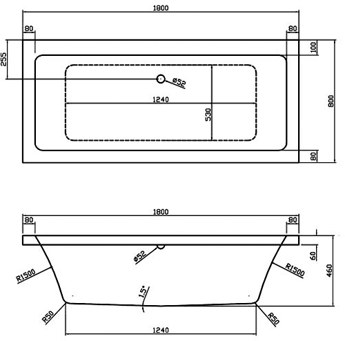 Technical image of Hudson Reed Baths Double Ended Acrylic Bath. 1800x800mm.