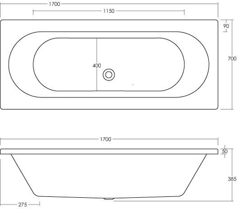 Technical image of Hudson Reed Baths Deuce Double Acrylic Bath With Panels. 1700x700mm.