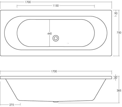 Technical image of Hudson Reed Baths Deuce Double Acrylic Bath With Panels. 1700x750mm.