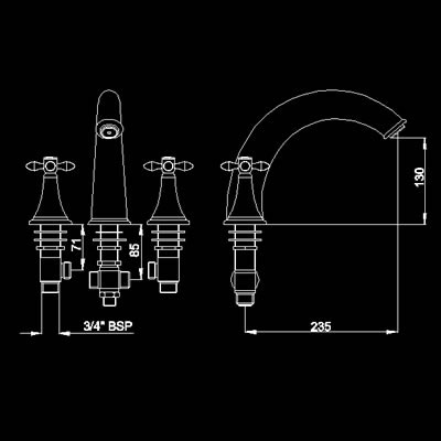 Technical image of Hudson Reed Lowry 3 tap hole bath filler with cross heads