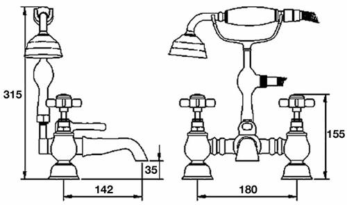 Technical image of Nuie Beaumont 3 Hole Basin Mixer & Bath Shower Mixer Tap Pack (Chrome).