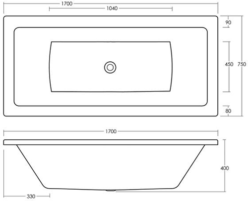 Technical image of Ultra Baths Jetty Double Ended Eternalite Acrylic Bath. 750x1700mm.