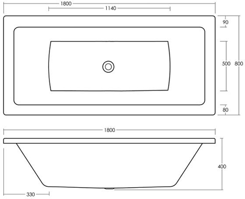 Technical image of Ultra Baths Jetty Double Ended Acrylic Bath. 800x1800mm (4mm).