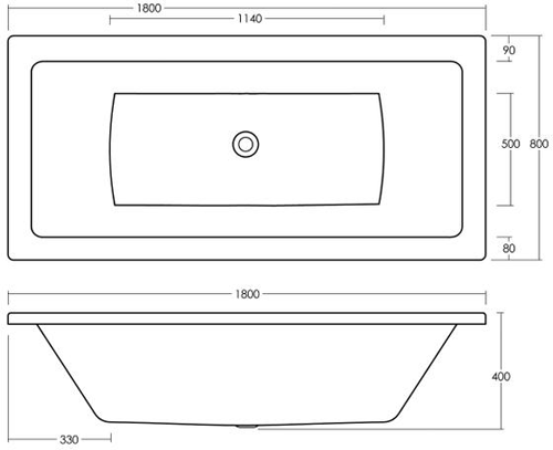 Technical image of Ultra Baths Jetty Double Ended Acrylic Bath. 800x1800mm (5mm).