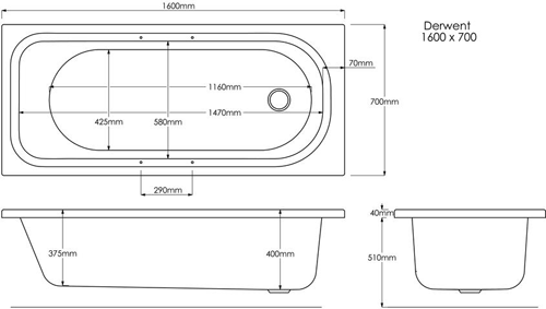 Technical image of Ultra Baths Levee Single Ended Bath With Grips. 700x1600mm.