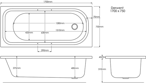 Technical image of Ultra Baths Levee Single Ended Bath With Grips. 750x1700mm.