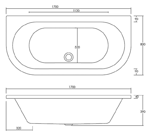 Technical image of Hudson Reed Baths Back To Wall Bath. 1700x800mm.