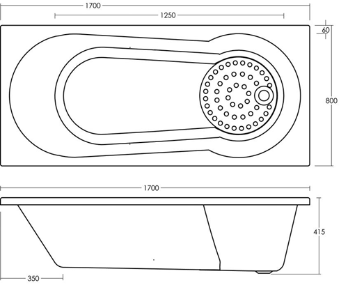 Technical image of Ultra Baths Marina Shower Bath With Eternalite. 800x1700mm.