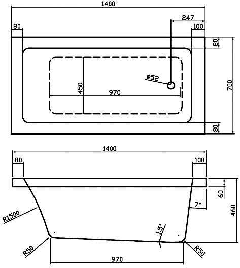 Technical image of Hudson Reed Baths Single Ended Acrylic Bath & White Panels. 1400x700mm