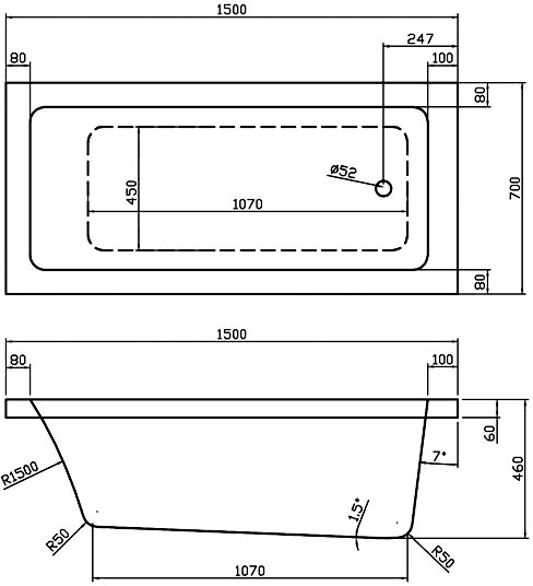 Technical image of Hudson Reed Baths Single Ended Acrylic Bath & White Panels. 1500x700mm