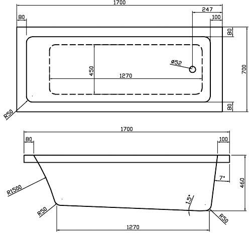 Technical image of Hudson Reed Baths Single Ended Acrylic Bath. 1700x700mm.