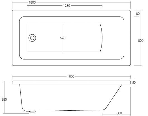 Technical image of Hudson Reed Baths Mono Square Single Ended Acrylic Bath. Size 1800x800mm.