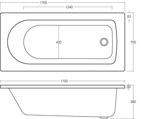 Technical image of Hudson Reed Baths Single Ended Acrylic Bath. 1700x700mm.
