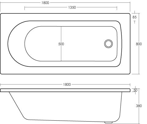 Technical image of Hudson Reed Baths Single Ended Acrylic Bath. 1800x800mm.