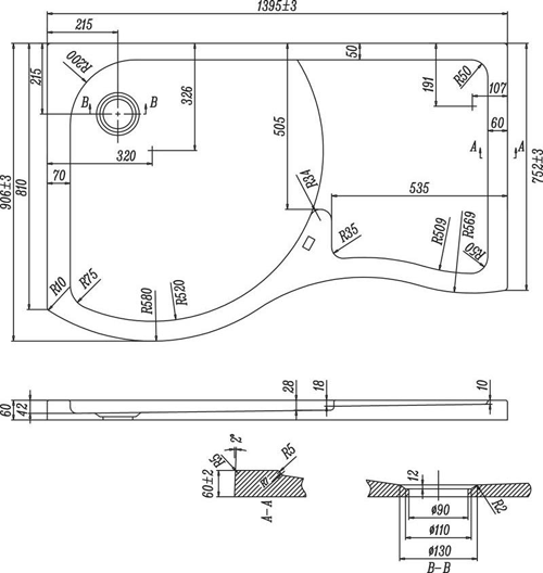 Technical image of Nuie Enclosures Walk In Shower Tray (Left Handed, 1400x906x60mm).