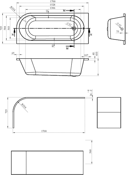 Technical image of Hudson Reed Baths Dahlia Corner Bath & Panel (Left Handed).