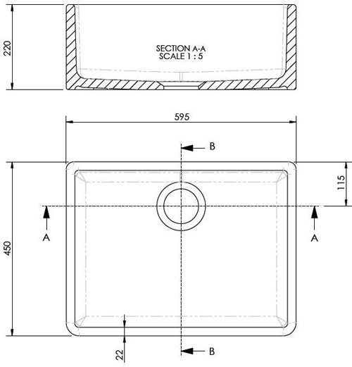 Technical image of Ultra Butler Sinks Westminster Butler Sink 220x595x450mm.