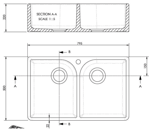 Technical image of Ultra Butler Sinks Athlone Double Butler Sink 220x795x500mm (1 Hole).