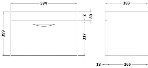 Technical image of Hudson Reed Memoir 600 Wall Hung Vanity Unit & 122 Basin (Grey).