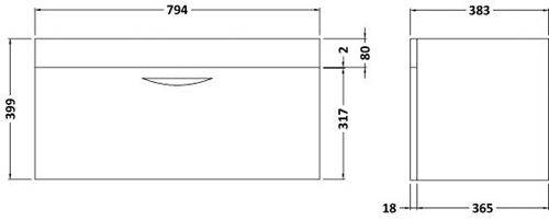 Technical image of Hudson Reed Memoir 800 Wall Hung Vanity Unit & 121 Basin (Grey).