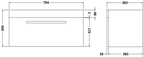 Technical image of Ultra Design Wall Hung Vanity Unit With Option 1 Basin (White). 794x399mm.