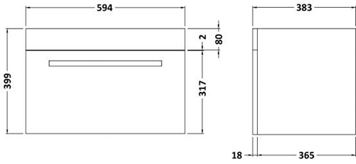 Technical image of Ultra Design Wall Hung Vanity Unit With Option 2 Basin (Brown). 594x399mm.