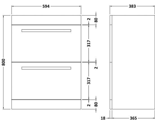 Technical image of Ultra Design Vanity Unit With Option 1 Basin (Black). 594x800mm.