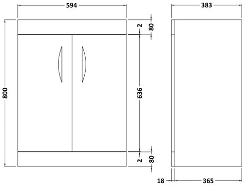 Technical image of Hudson Reed Memoir 600 Vanity Unit With Doors & 120 Basin (Grey).