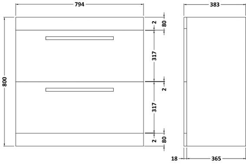 Technical image of Ultra Design Vanity Unit With Option 2 Basin (Walnut). 794x800mm.