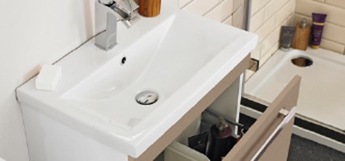 Example image of Ultra Design Wall Hung Vanity Unit With Option 2 Basin (Caramel). 594x399.
