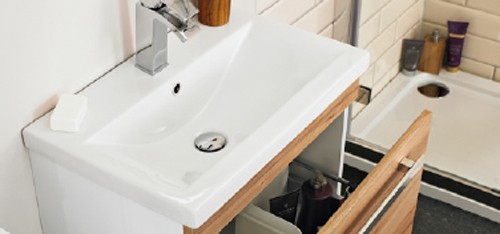 Example image of Ultra Design Wall Hung Vanity Unit With Option 2 Basin (Walnut). 794x399.