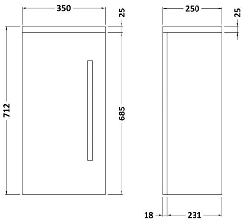 Technical image of Ultra Design Wall Mounted Bathroom Storage Cabinet 350x700 (Walnut).