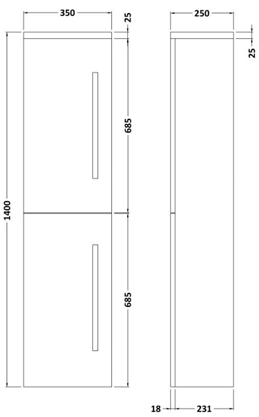 Technical image of Ultra Design Wall Mounted Bathroom Cabinet 350x1400 (Caramel).