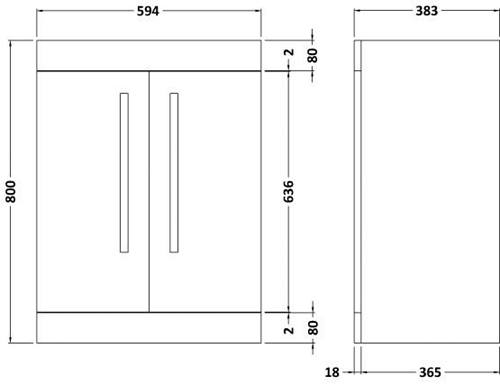 Technical image of Ultra Design Vanity Unit With Doors & Option 2 Basin (Black). 594x800mm.