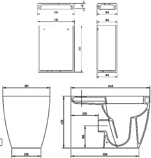 Technical image of Hudson Reed Ceramics Flush To Wall Toilet Pan, Cistern & Soft Close Seat.