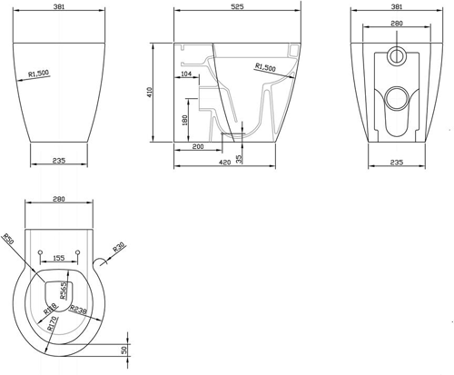 Technical image of Hudson Reed Ceramics Back to Wall Toilet Pan & Seat (BTW).