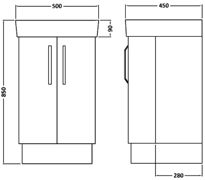 Technical image of Ultra Carlton Vanity Unit With Ceramic Basin (White). 500x850x450mm.