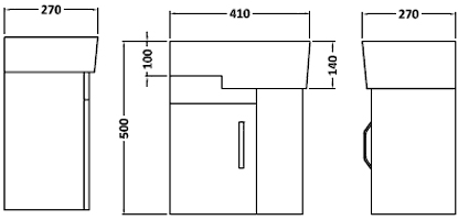 Technical image of Ultra Carlton Wall Hung Cloakroom Vanity Unit (Left Hand, Black). 410x500mm.