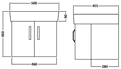 Technical image of Ultra Carlton Wall Hung Vanity Unit With Ceramic Basin (Black). 500x450mm.