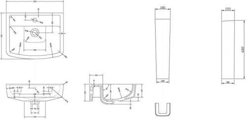 Technical image of Hudson Reed Ceramics Basin & Full Pedestal (1 Tap Hole, 520mm).