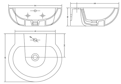 Technical image of Hudson Reed Ceramics Basin & Full Pedestal (1 Tap Hole, 540mm).