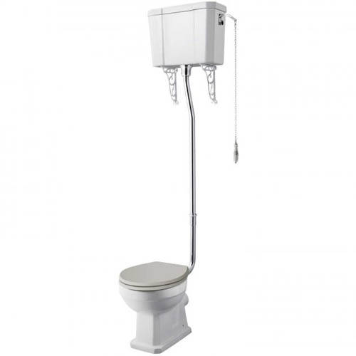 Old London White Richmond Comfort Height Toilet Pan, High Level Cistern & Pipe.