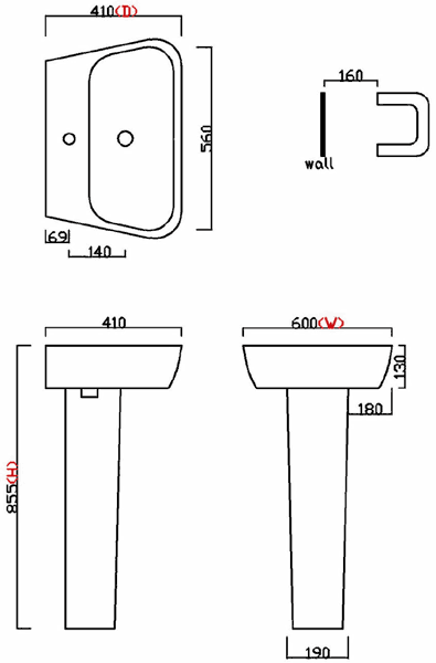 Technical image of Hudson Reed Ceramics Basin & Full Pedestal (1 Tap Hole, 600mm).