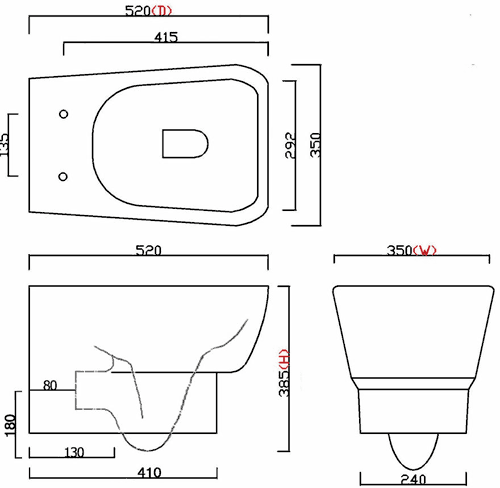 Technical image of Hudson Reed Ceramics Wall Hung Toilet Pan With Soft Close Seat.